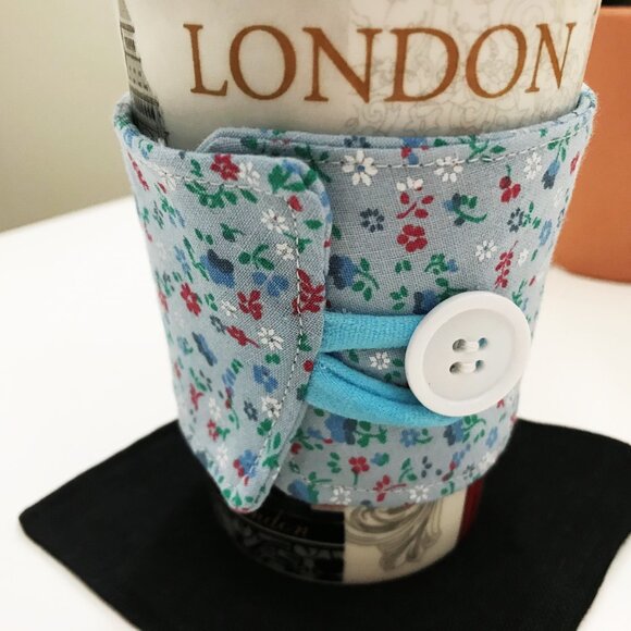 Handmade Fabric Coffee Cozy - Reusable Coffee Cup Sleeve, Blue Floral - Picture 1 of 3